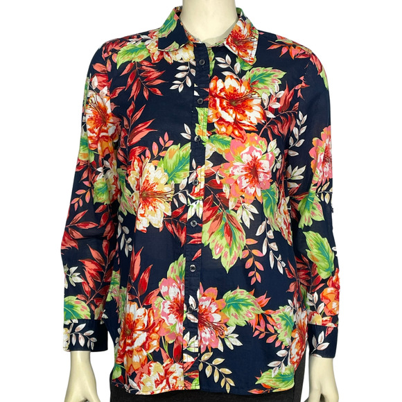 Talbots Petites Sz MP Button Down Blouse Roll Tab Long Sleeve Blue Floral Office - Picture 1 of 8
